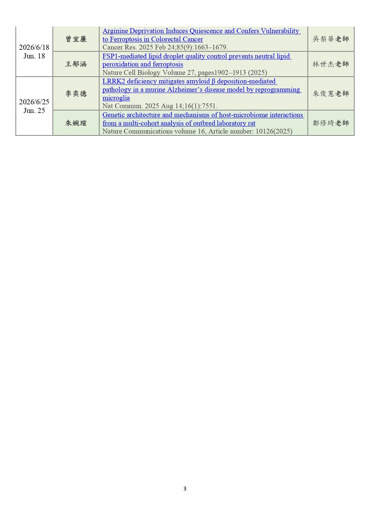 114-1seminar行事曆 包含了各學生報告題目、出處 、日期及講評老師
